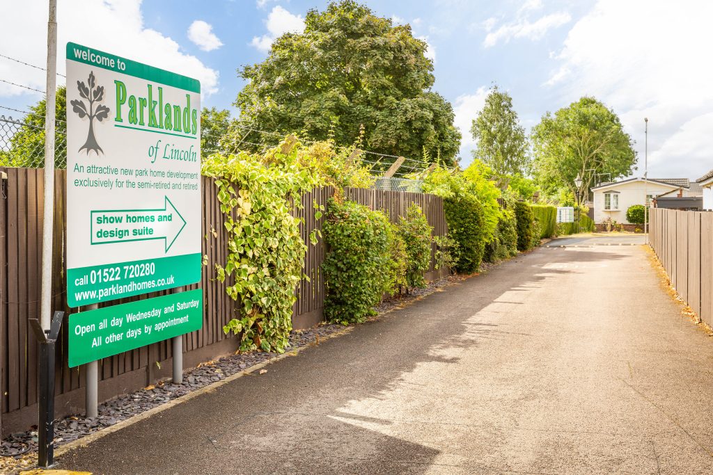 The entrance to Parklands of Lincoln, a small development of residential park homes in Lincolnshire
